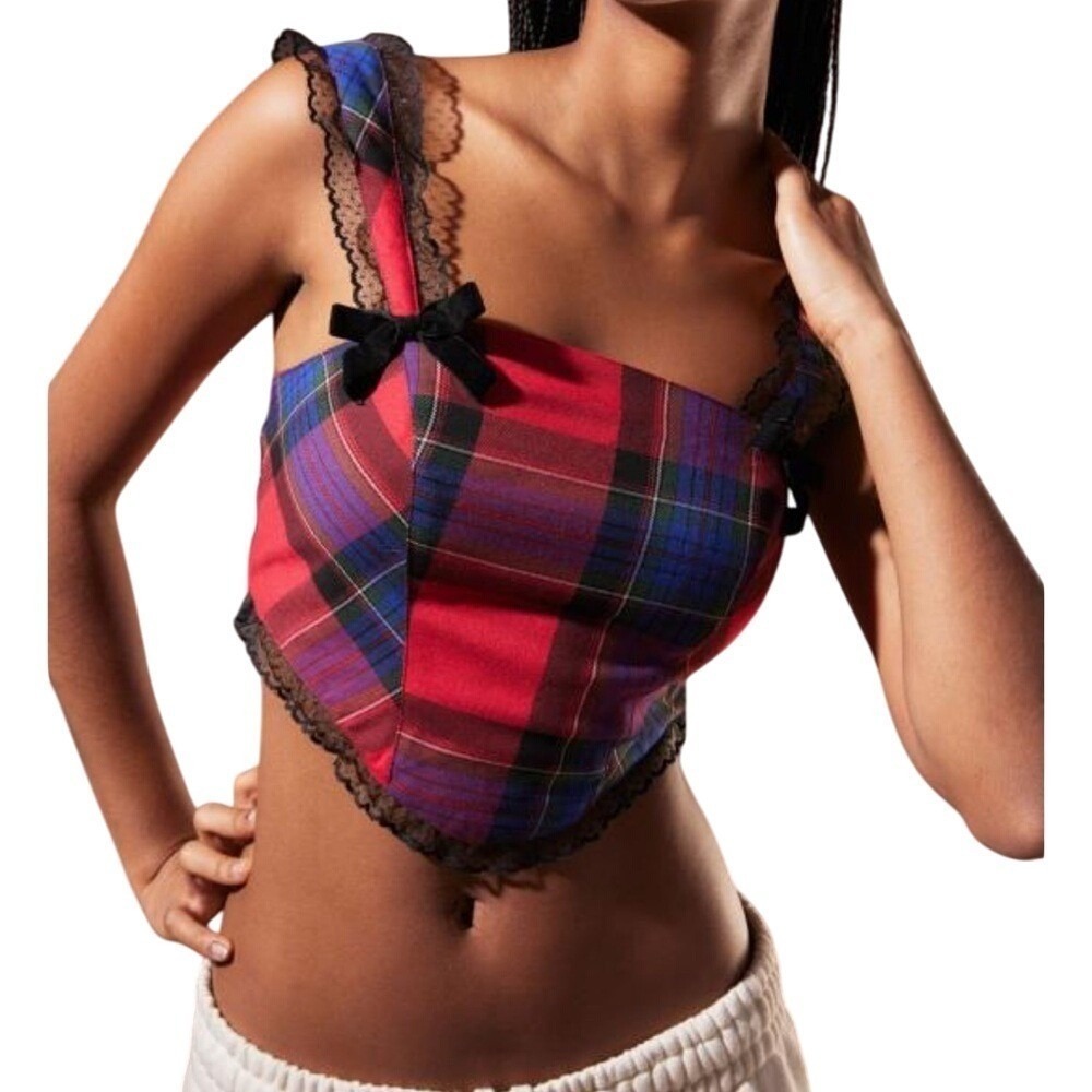 Urban Outfitters Kimchi Blue Perfectly Precious Plaid Corset Lace Trim Bows M‎
